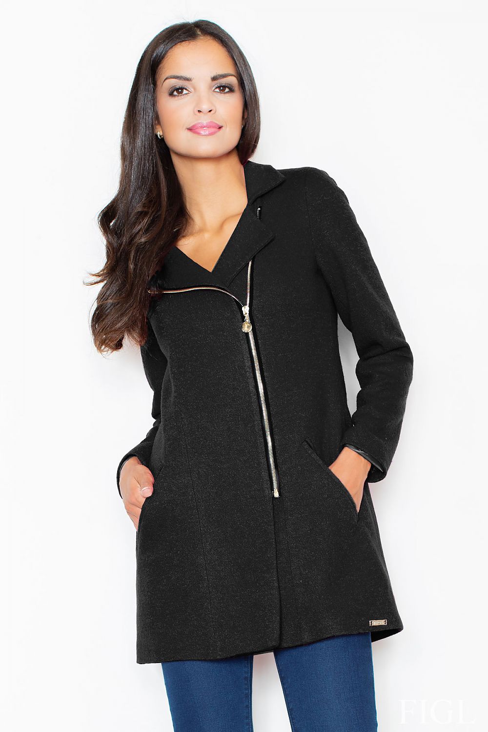 Elegant Gold Zip Detail Tailored Jacket Coat