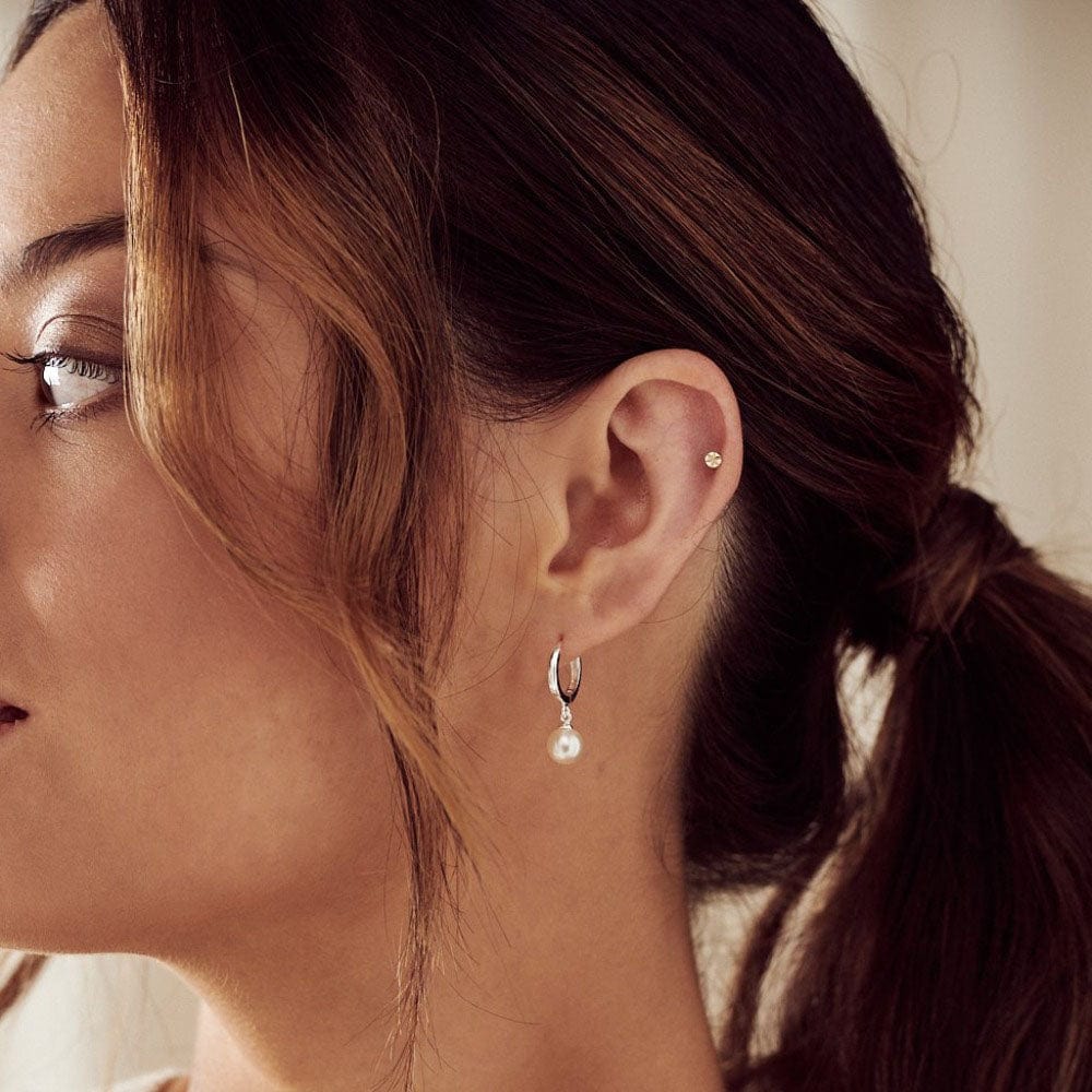 Pearl Drop Huggie Hoop Earrings - Silver by Orelia London