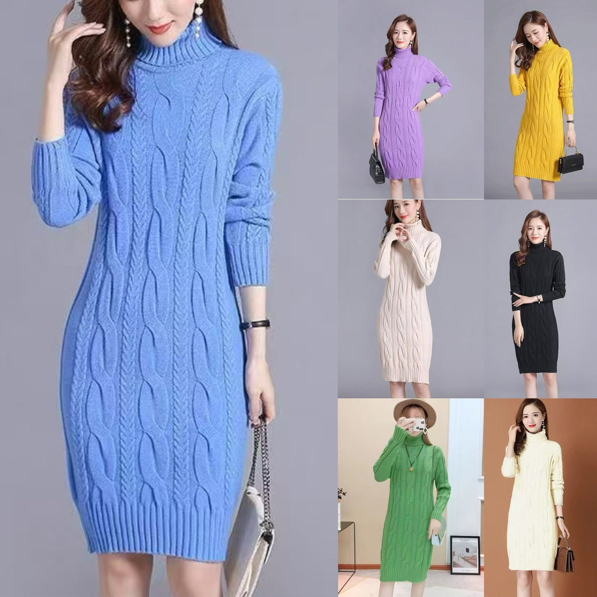 Women’s Cable Knit Turtleneck Midi Sweater Dress