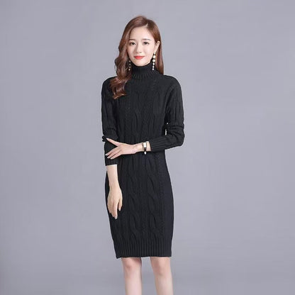 Women’s Cable Knit Turtleneck Midi Sweater Dress