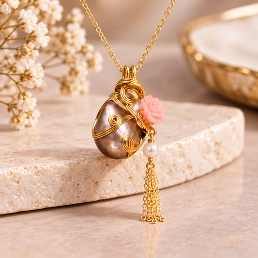 Pink Rose Pearl Wire-Wrapped Tassel Necklace