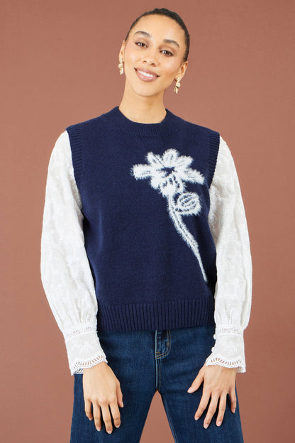 Navy Knitted Flower Sleeveless Jumper Vest