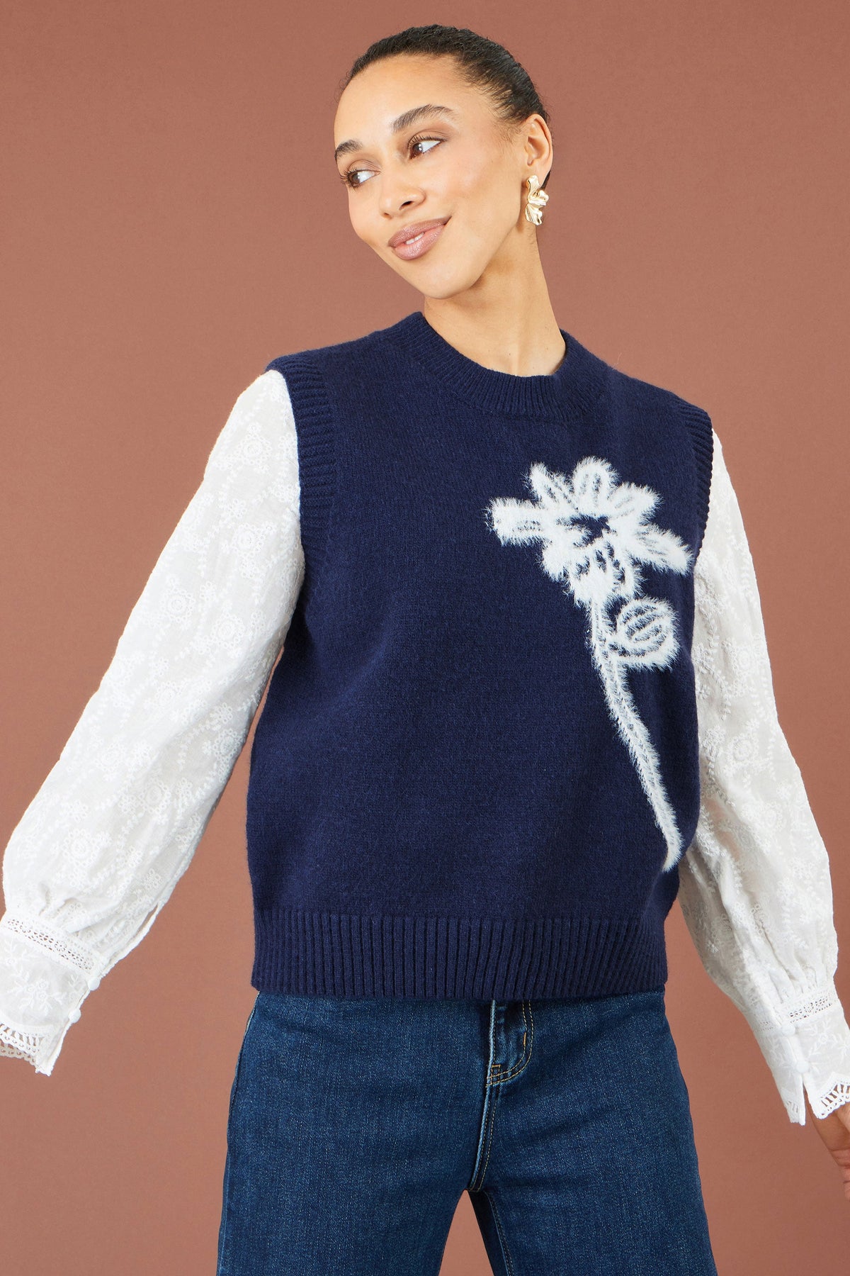 Navy Knitted Flower Sleeveless Jumper Vest