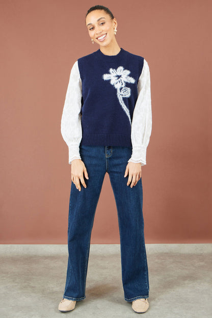 Navy Knitted Flower Sleeveless Jumper Vest