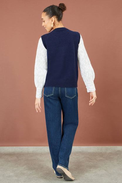 Navy Knitted Flower Sleeveless Jumper Vest