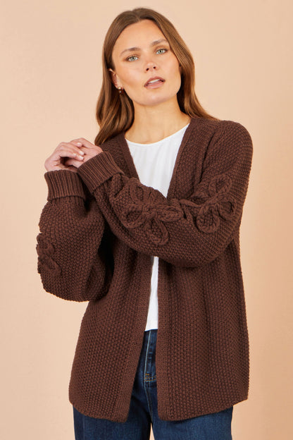 Brown Cardigan With Flower Detail Sleeves
