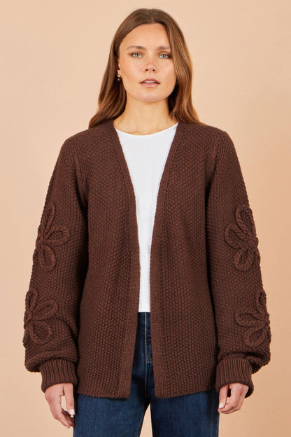 Brown Cardigan With Flower Detail Sleeves