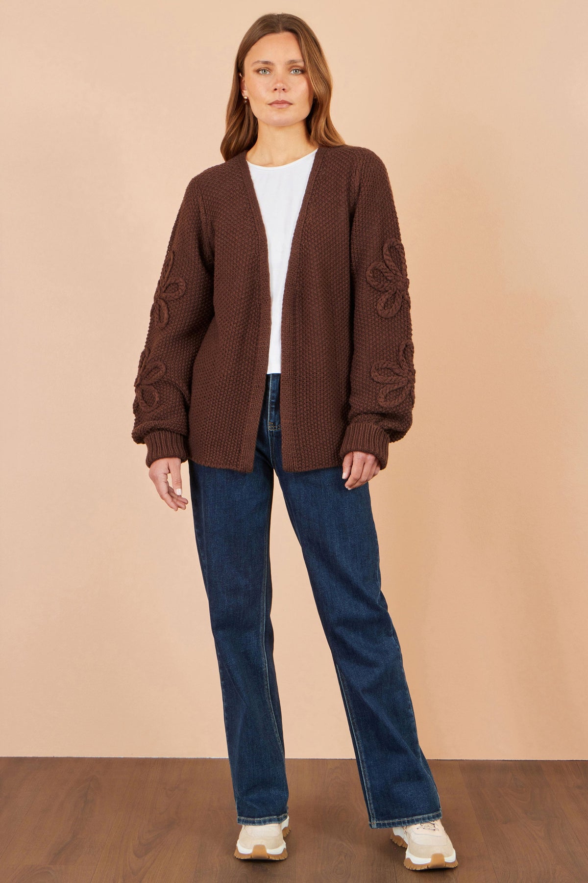 Brown Cardigan With Flower Detail Sleeves