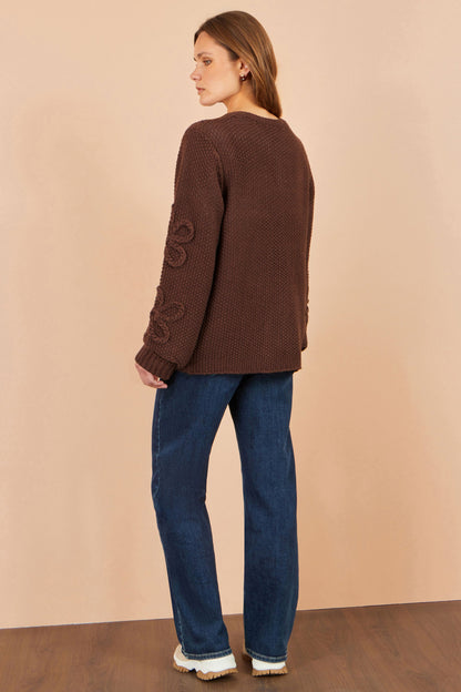 Brown Cardigan With Flower Detail Sleeves