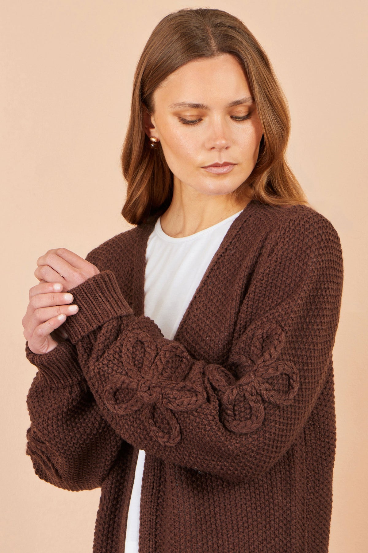 Brown Cardigan With Flower Detail Sleeves