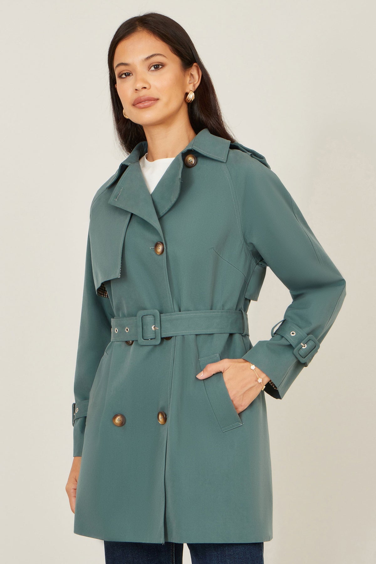 Blue Belted Trench Coat With Check Lining