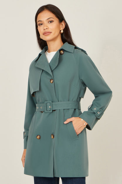 Blue Belted Trench Coat With Check Lining