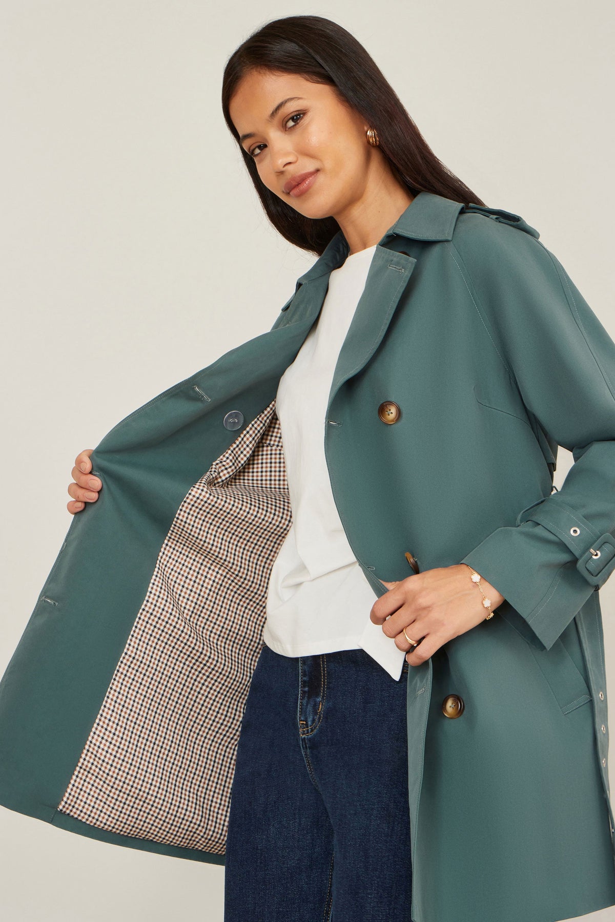 Blue Belted Trench Coat With Check Lining