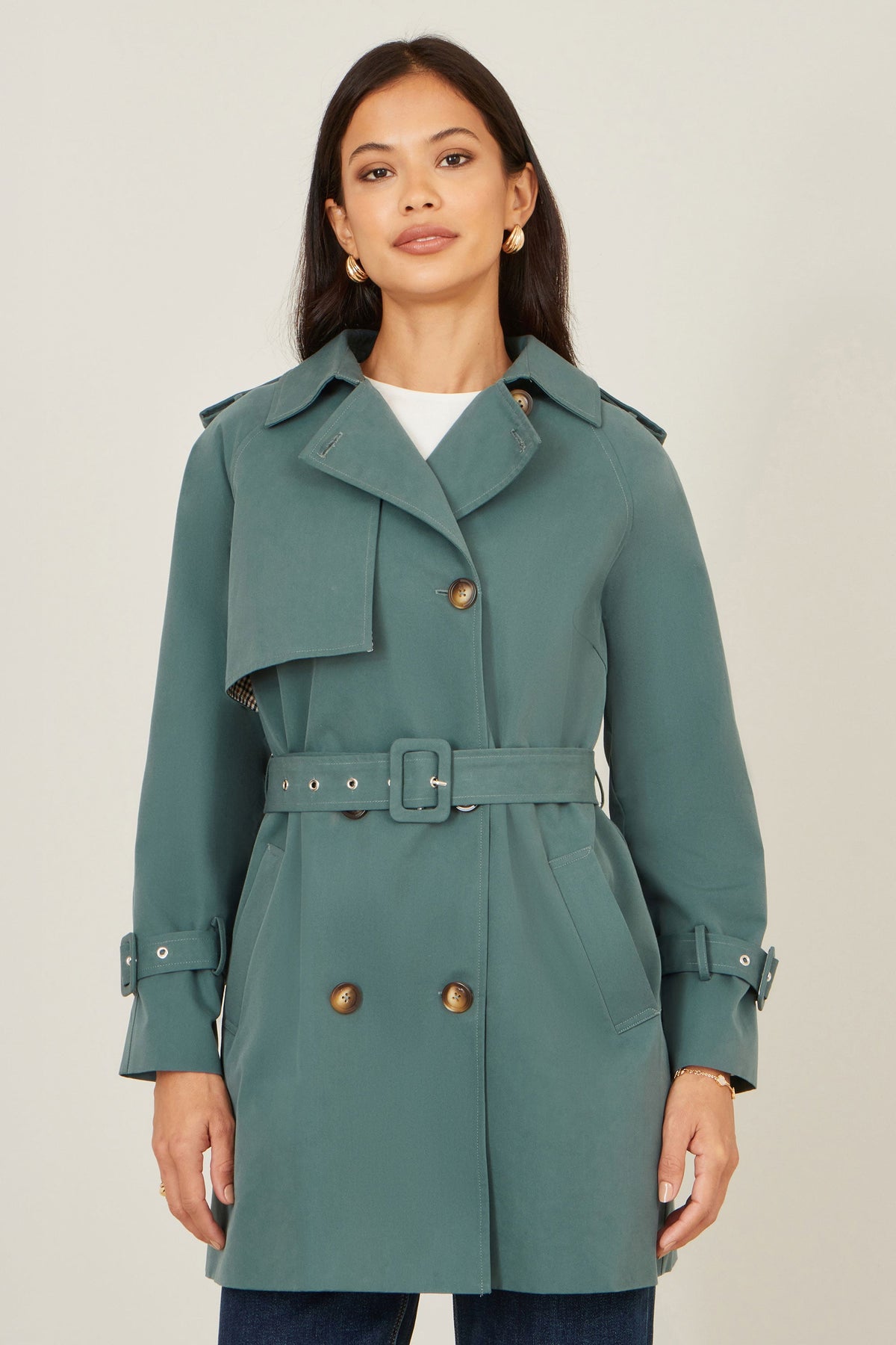 Blue Belted Trench Coat With Check Lining