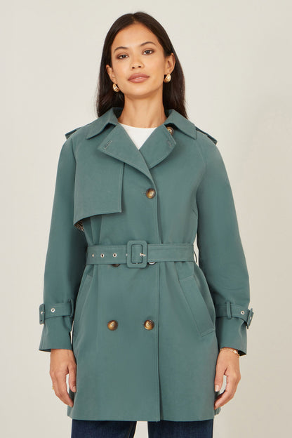 Blue Belted Trench Coat With Check Lining