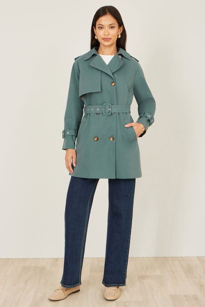 Blue Belted Trench Coat With Check Lining
