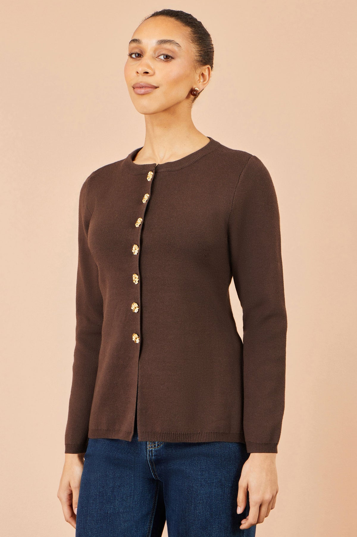 New Collection: Brown Knitted Fitted Peplum Cardigan