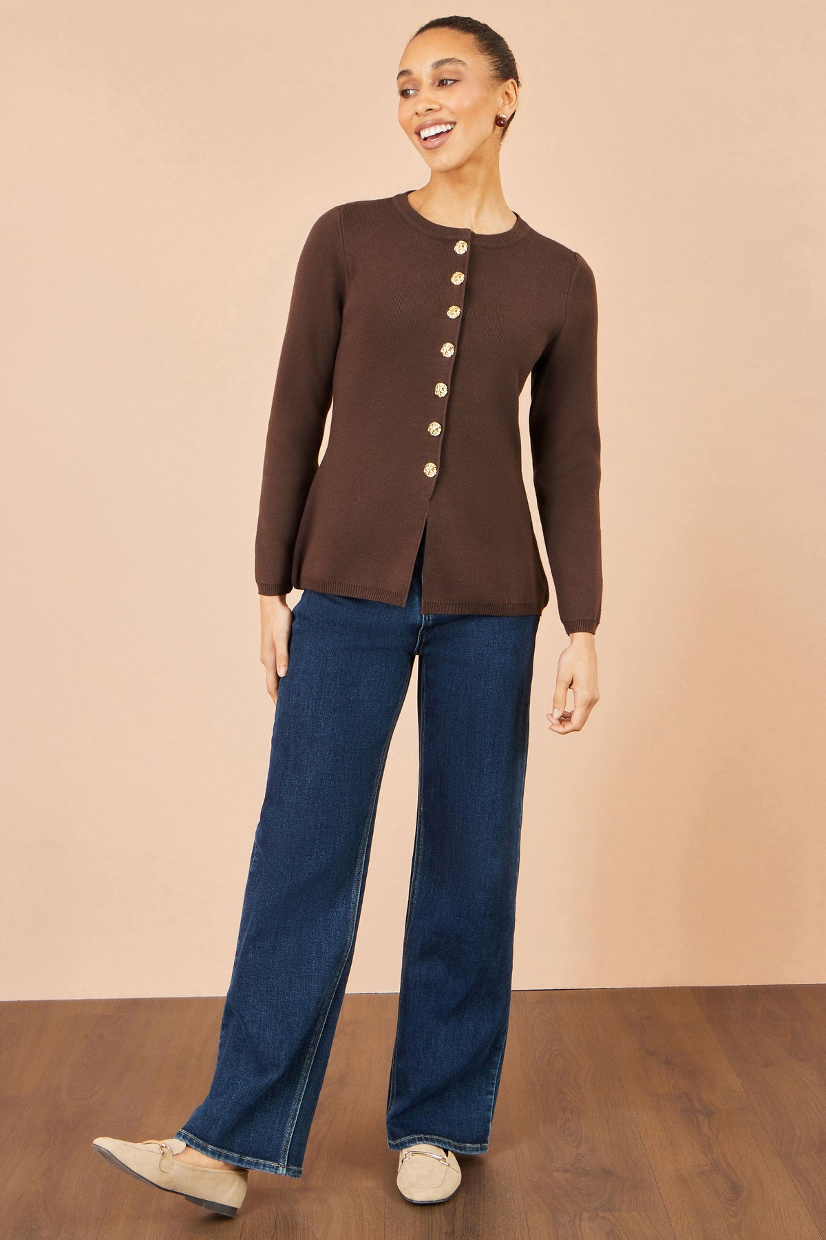New Collection: Brown Knitted Fitted Peplum Cardigan