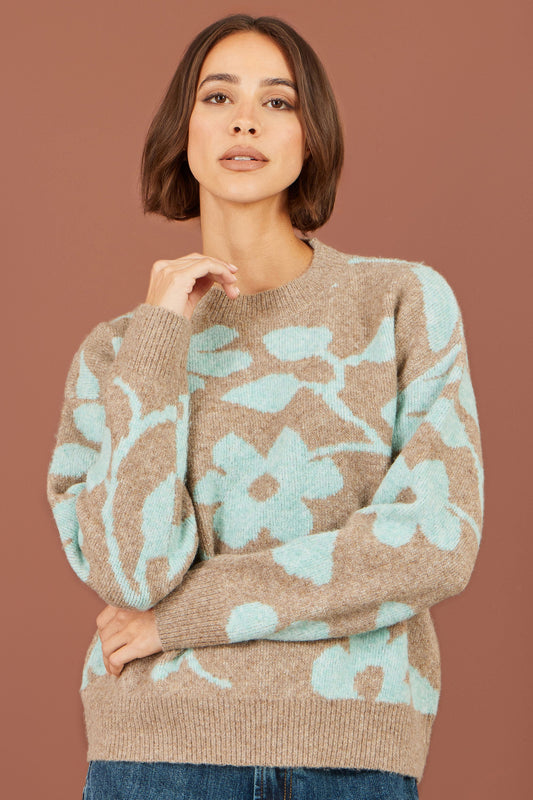 Brown & Lake Blue Floral Intarsia Relaxed Fit Jumper