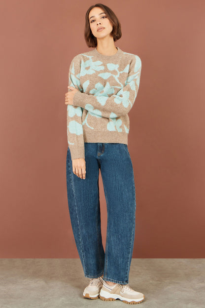 Brown & Lake Blue Floral Intarsia Relaxed Fit Jumper