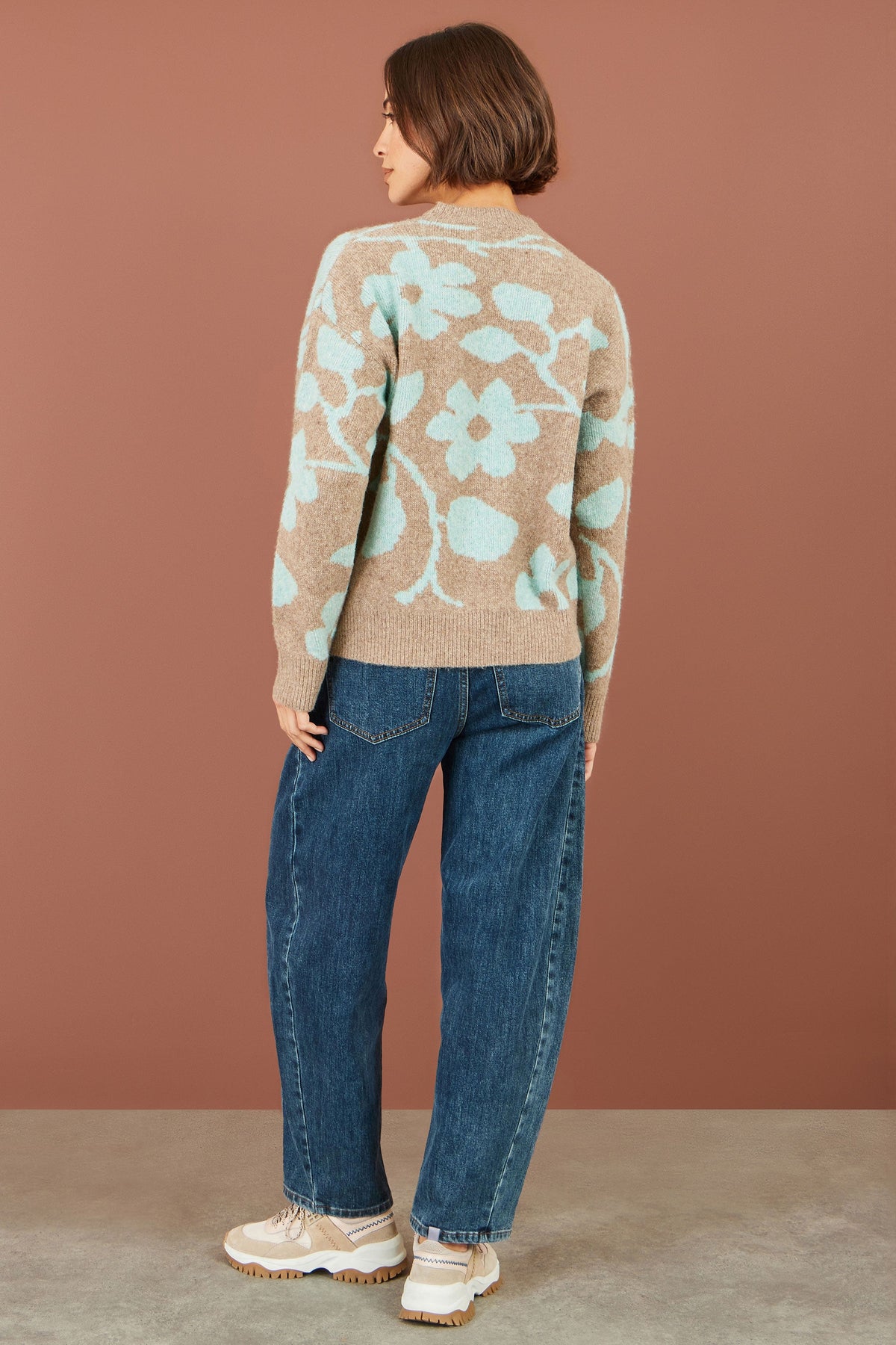 Brown & Lake Blue Floral Intarsia Relaxed Fit Jumper