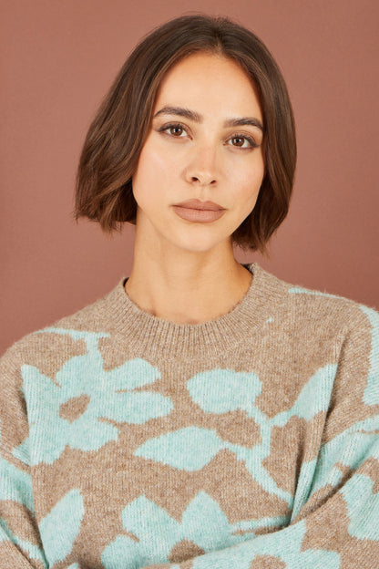 Brown & Lake Blue Floral Intarsia Relaxed Fit Jumper