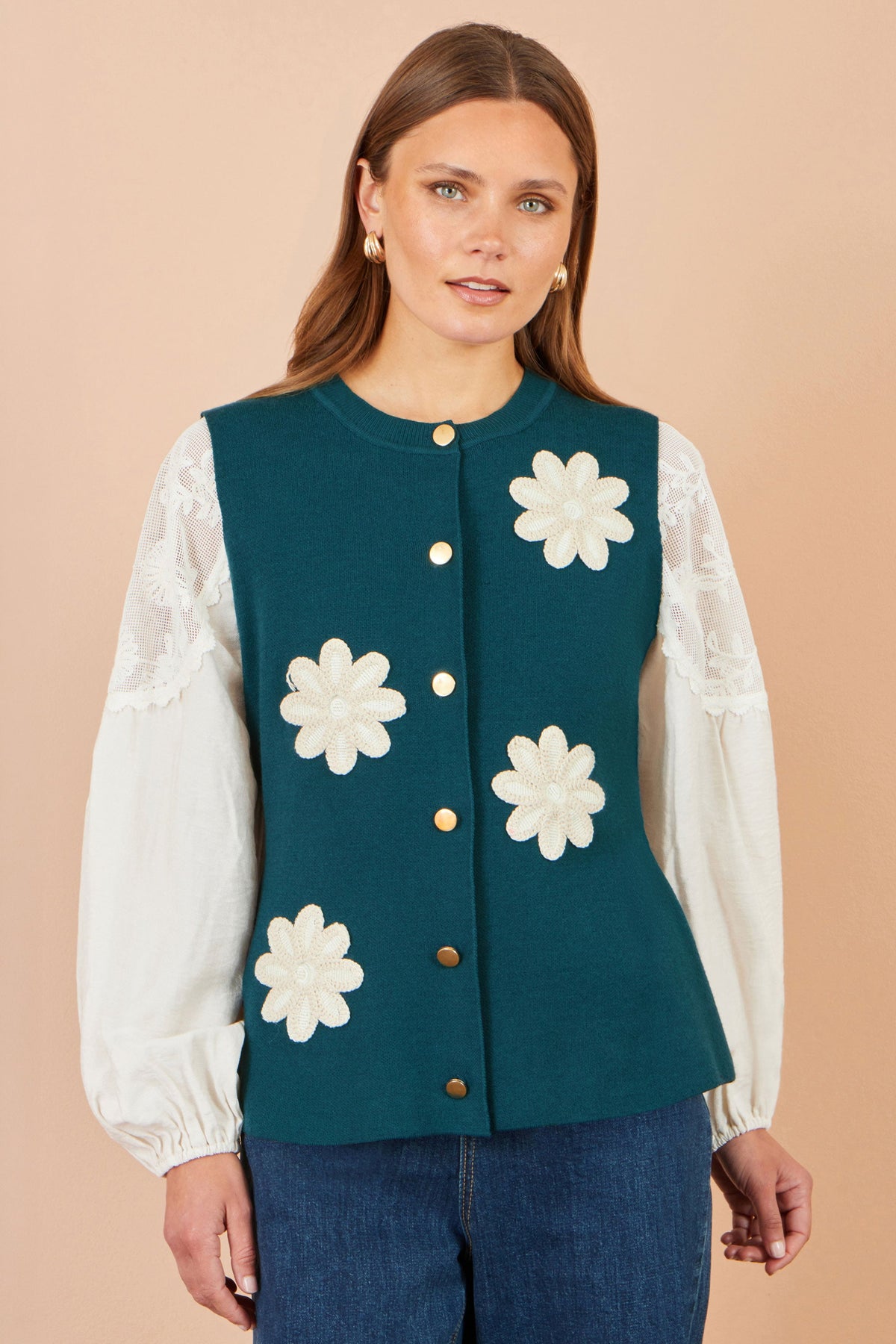 Teal Flower Applique Knit Waistcoat