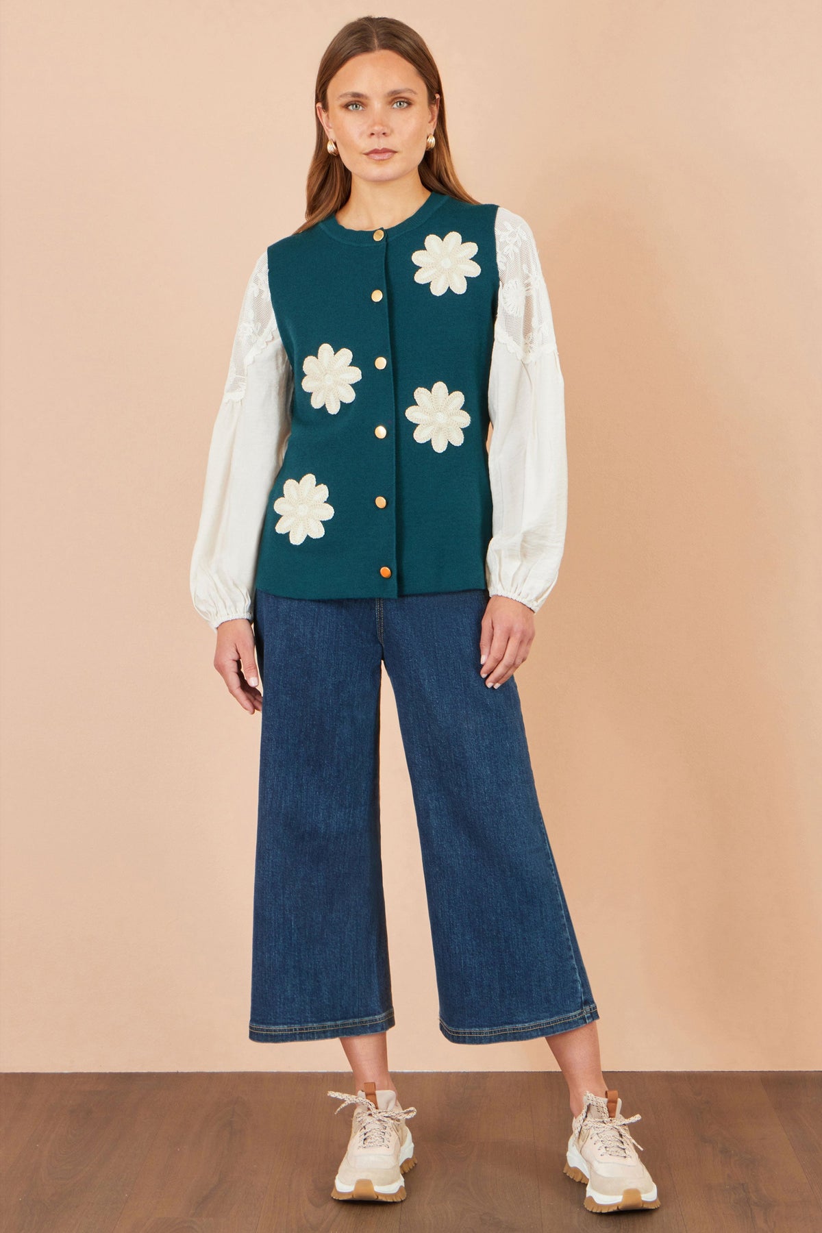 Teal Flower Applique Knit Waistcoat