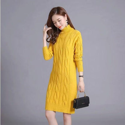 Women’s Cable Knit Turtleneck Midi Sweater Dress