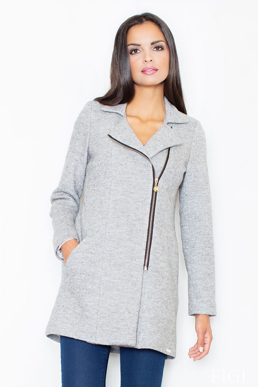 Elegant Gold Zip Detail Tailored Jacket Coat