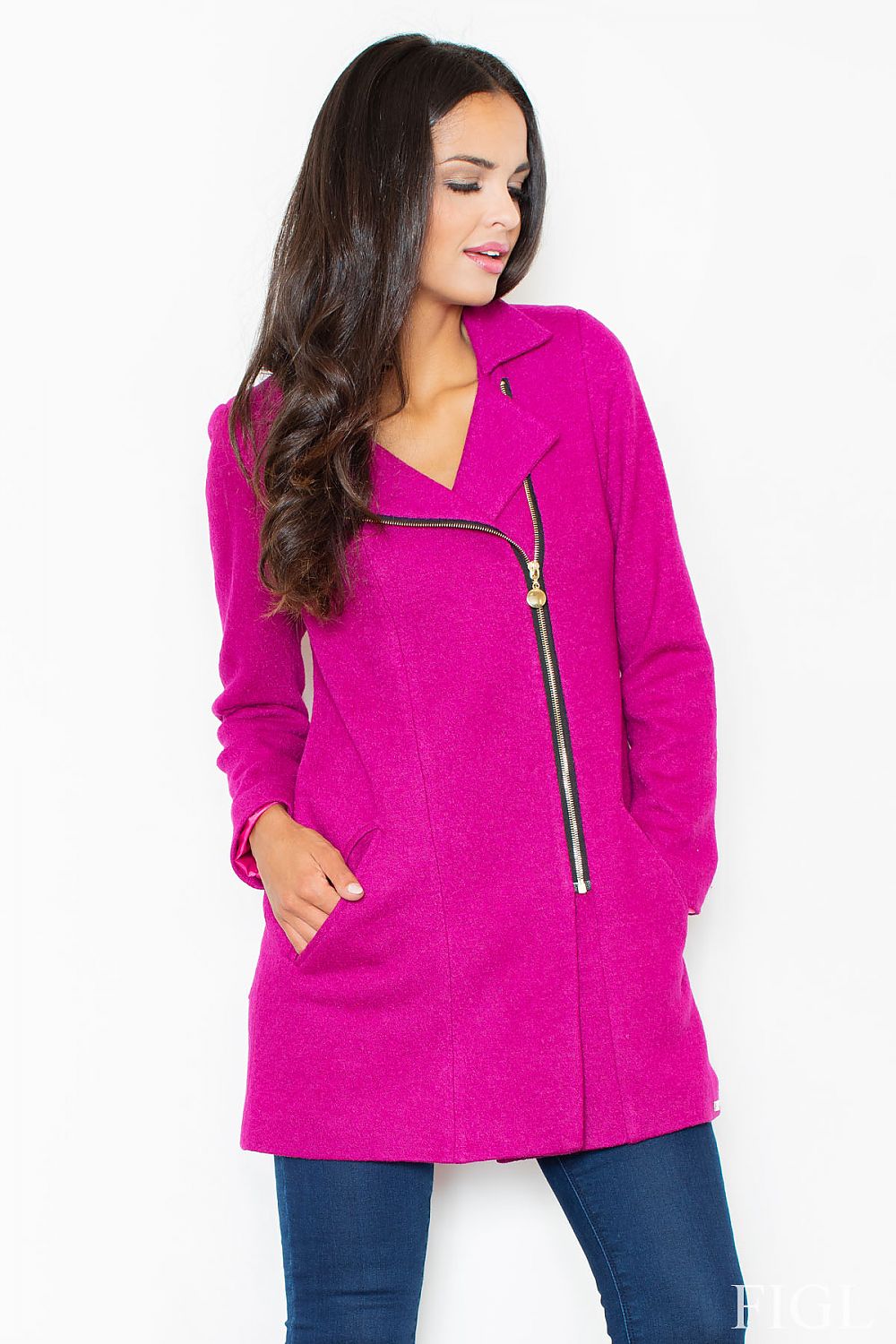 Elegant Gold Zip Detail Tailored Jacket Coat