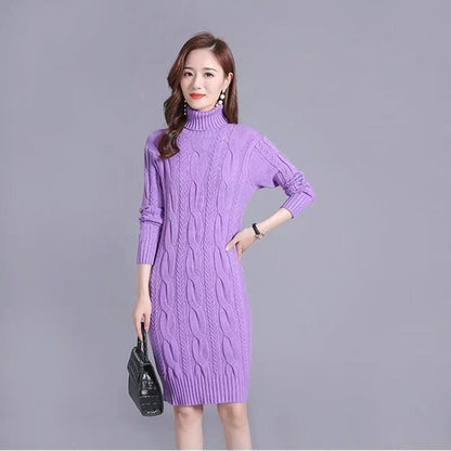 Women’s Cable Knit Turtleneck Midi Sweater Dress