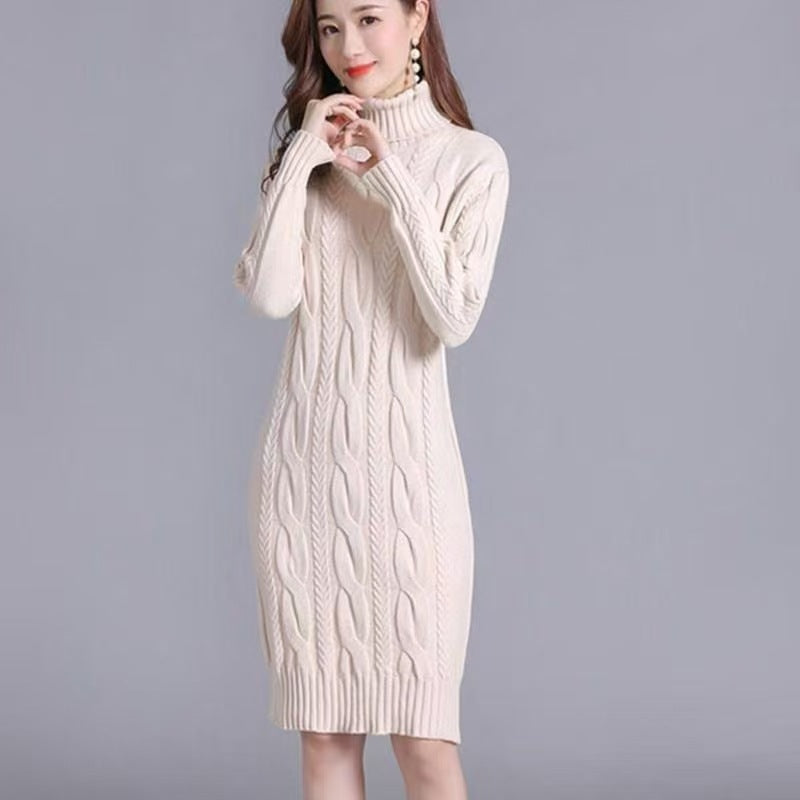 Women’s Cable Knit Turtleneck Midi Sweater Dress