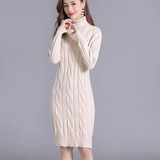 Women’s Cable Knit Turtleneck Midi Sweater Dress
