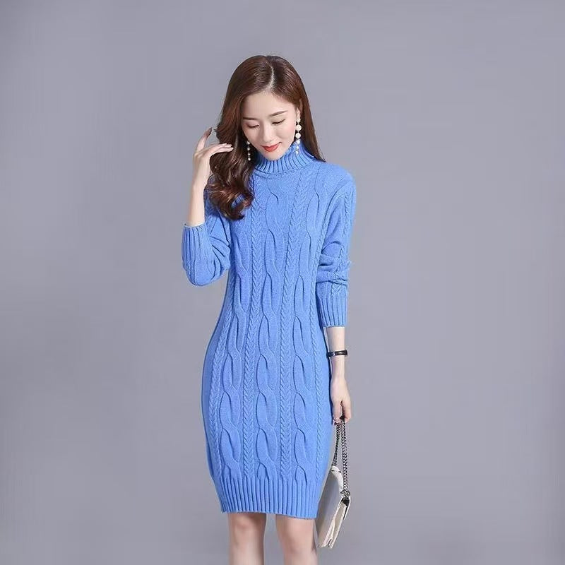 Women’s Cable Knit Turtleneck Midi Sweater Dress