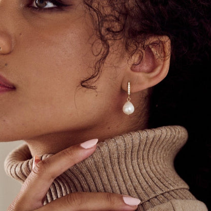 Orelia London Pearl Drop Pavé Huggie Hoop Earrings - Gold
