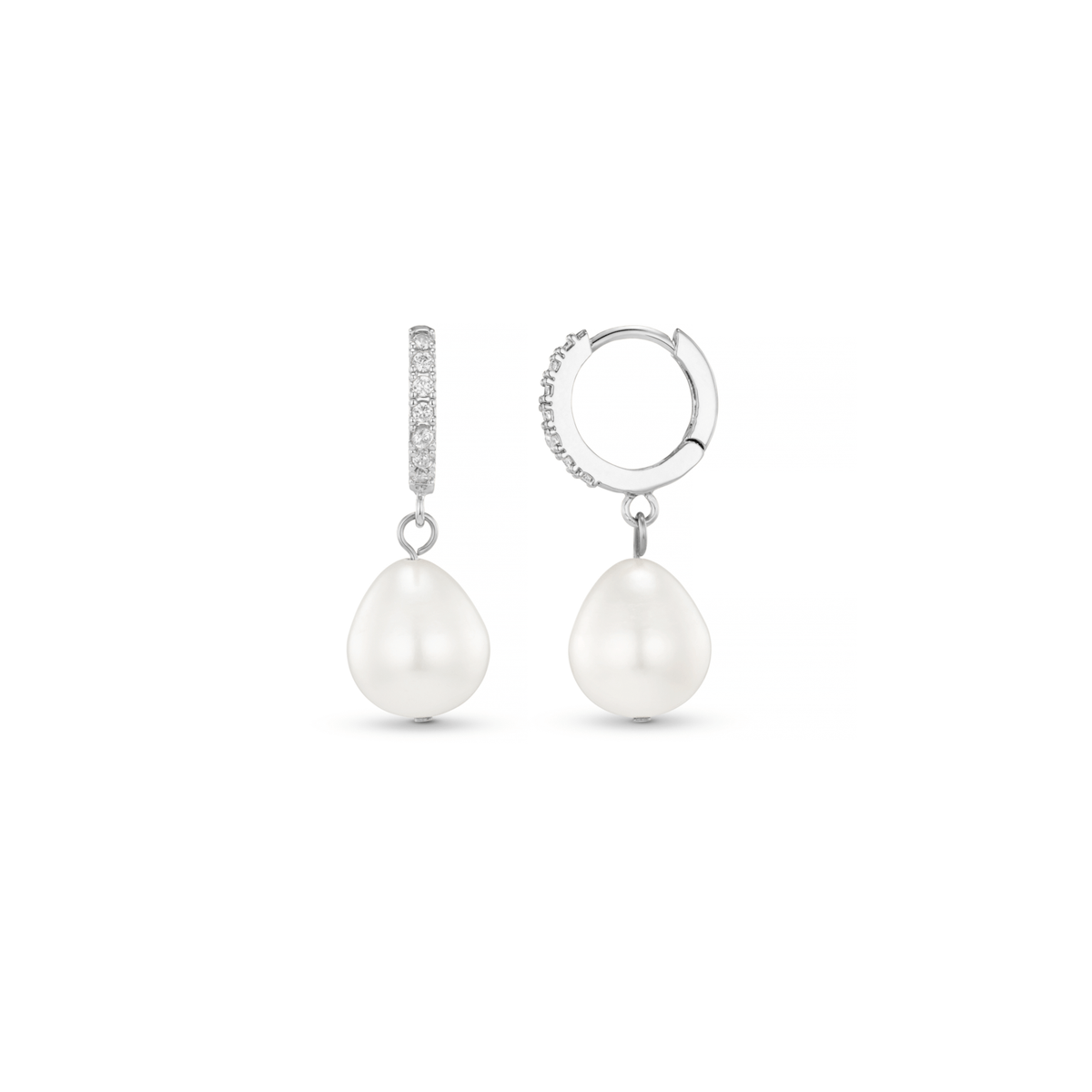 Pearl Drop Pavé Huggie Hoop Earrings – Silver by Orelia London