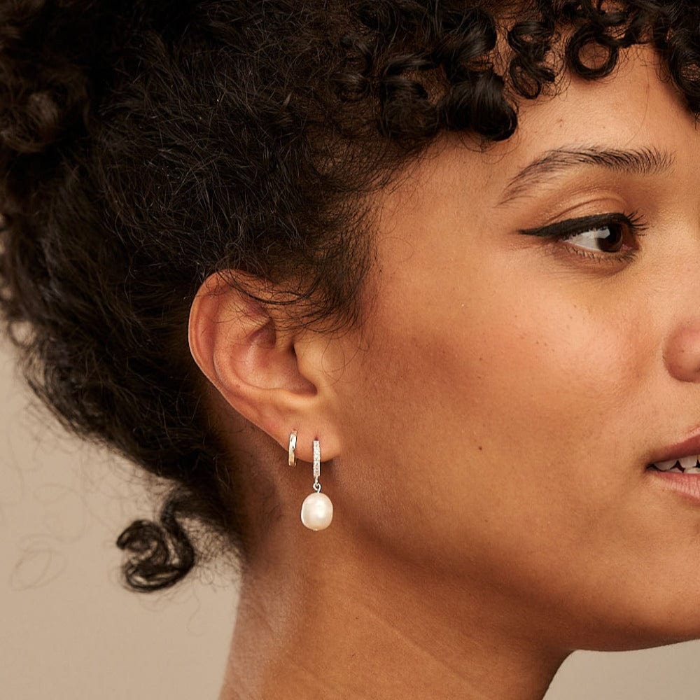 Pearl Drop Pavé Huggie Hoop Earrings – Silver by Orelia London